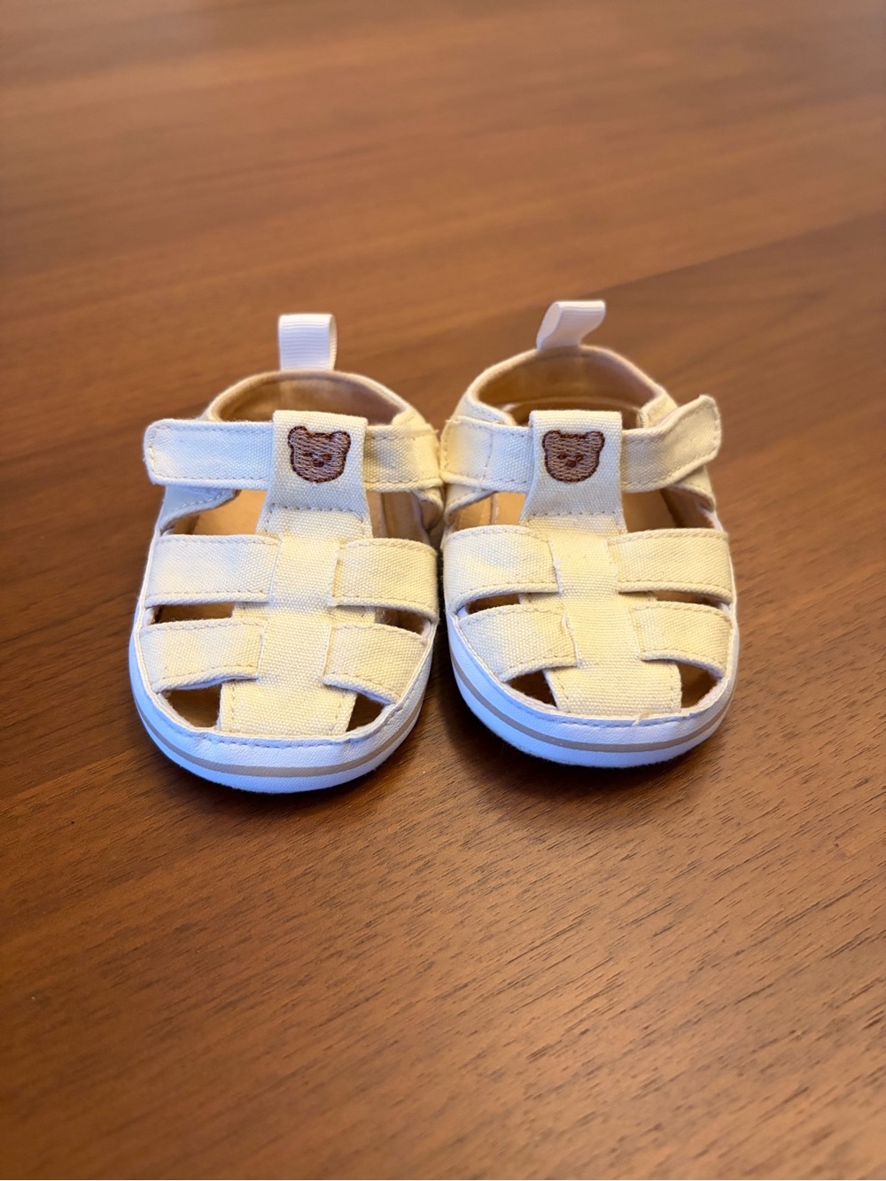 Rising Star Cream Baby Sandals with Bear Patch